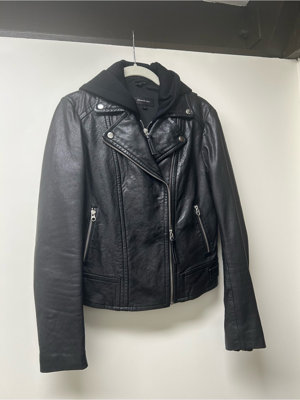 Mackage Black Leather Moto Jacket with Zip-out detachable Hood
